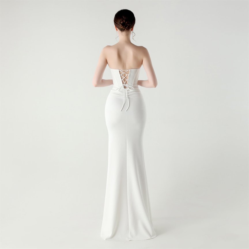 Strapless Pleated Corset Evening Gown (White) (Made To Order)