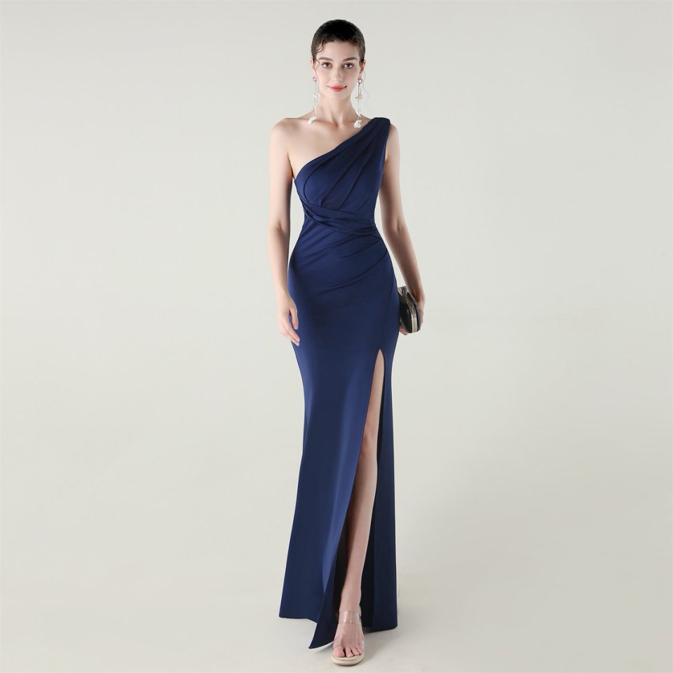One Side Shoulder Pleated Evening Gown (Navy Blue) (Made To Order)