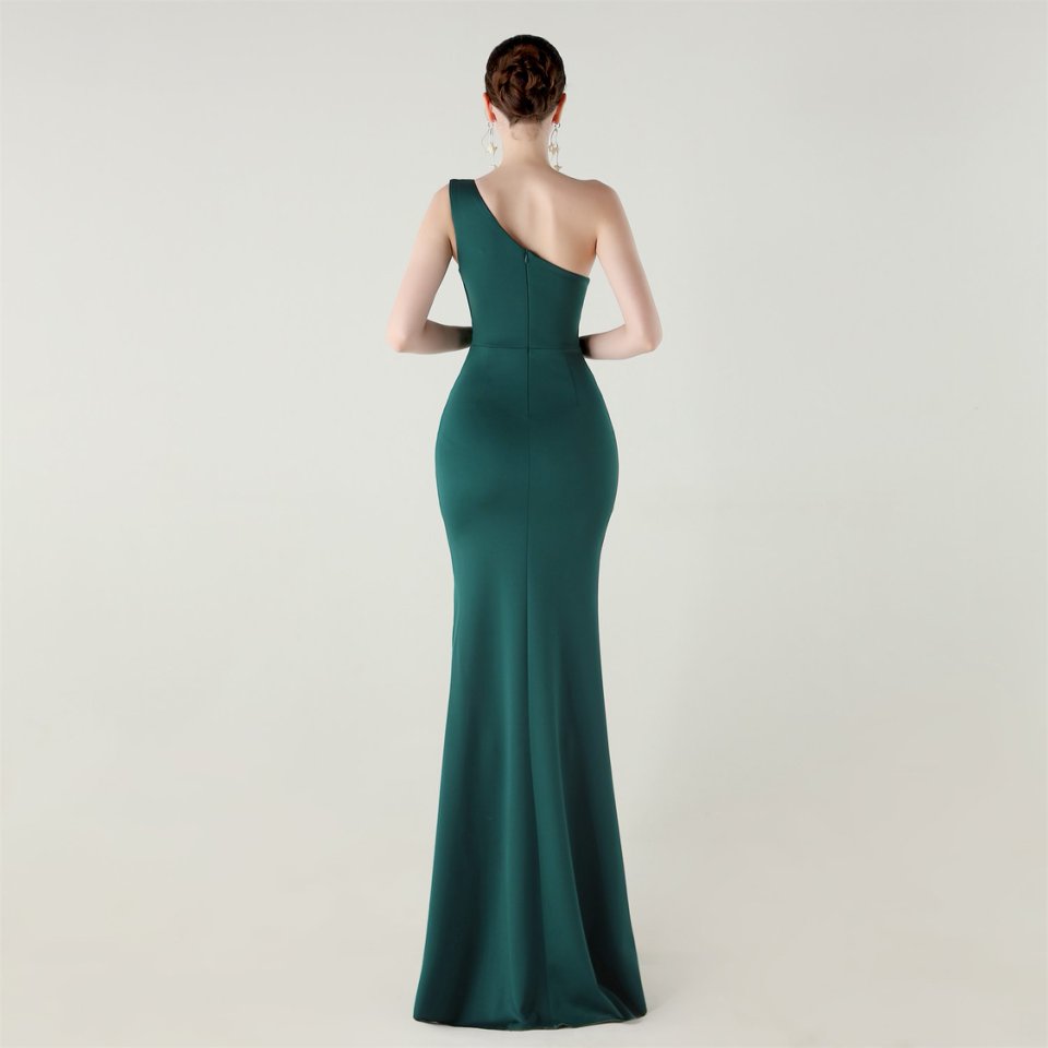 One Side Shoulder Pleated Evening Gown (Green) (Made To Order)
