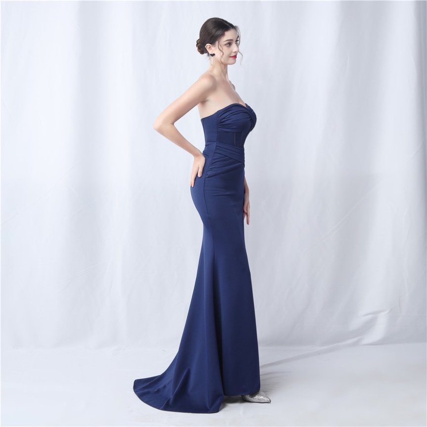 Strapless Solid Sexy Evening Gown (Navy Blue) (Made To Order)