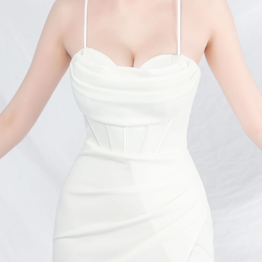 Spaghetti Back Cross Overlap Slit Evening Gown (Made To Order) (White)