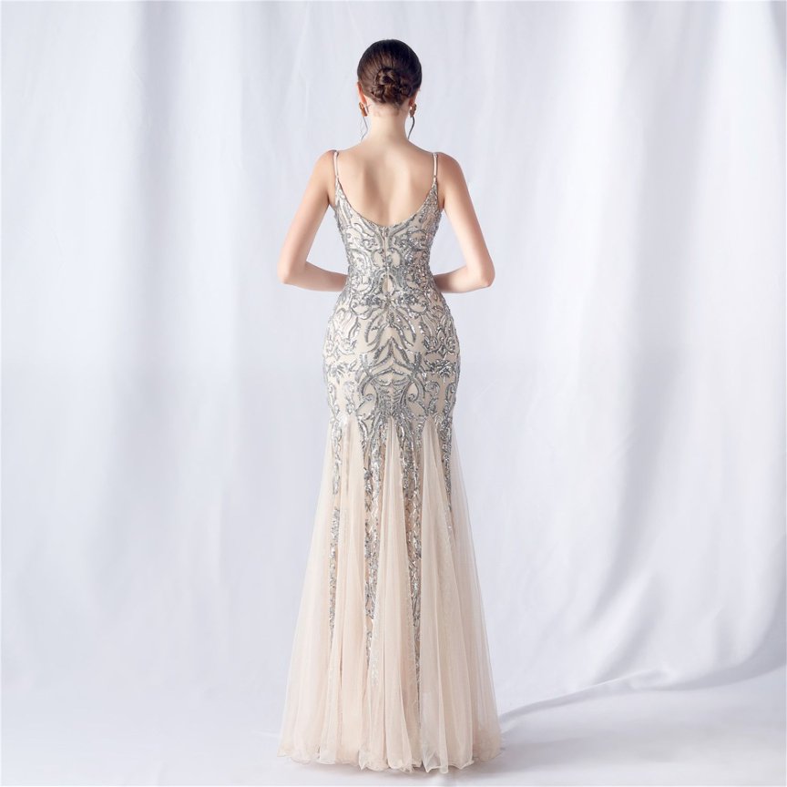 Spaghetti Sequins White Gown with Tulle Skirt Evening Gown (Black) (Silver)