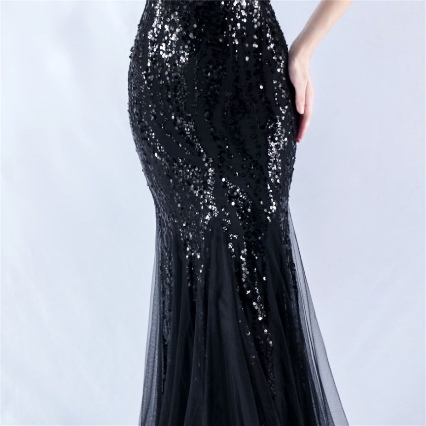 Off Shoulder Sequins Tulle Evening Gown (Black) (Made To Order)