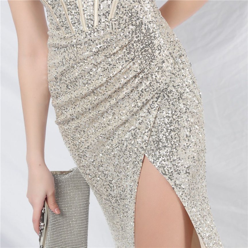 Sequins Back Cross with Overlap Slit Evening Gown (Silver) (Made To Order)