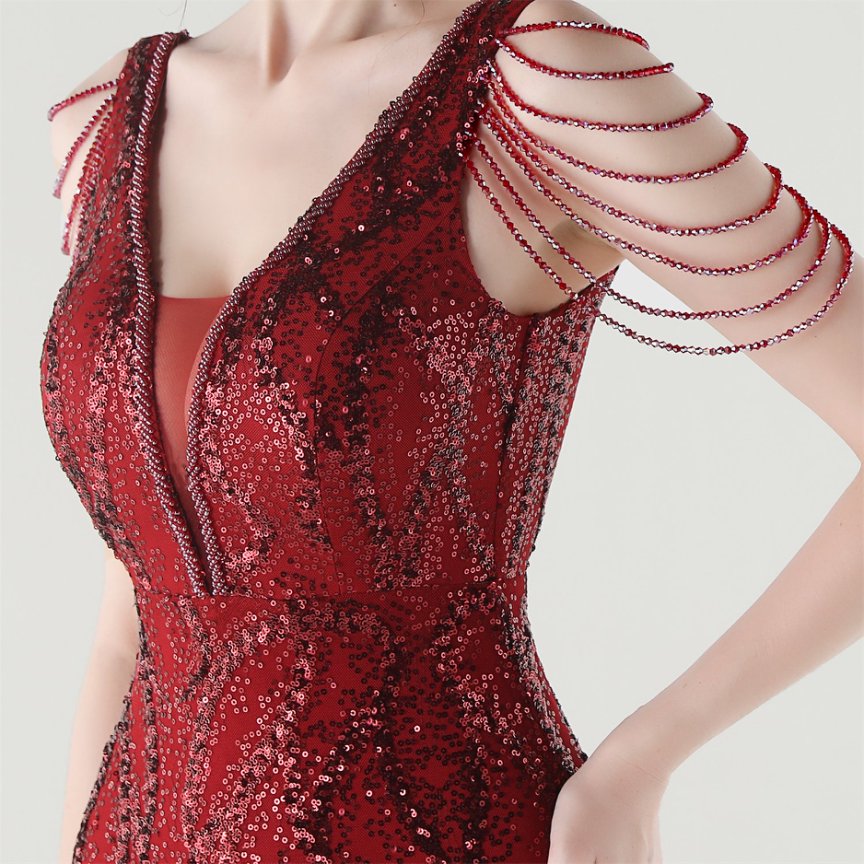 Fashion Crystal Beads with Splits Tail Evening Gown (Red) (Made To Order)
