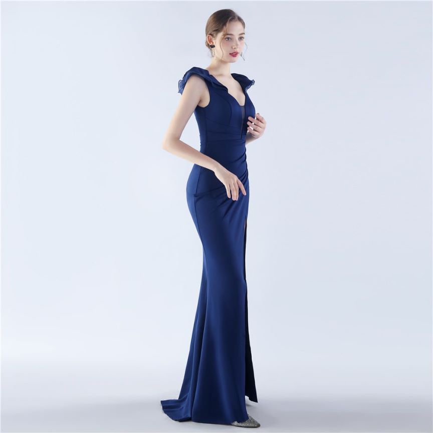 Ruffles Shoulder With Low Back Fitted Evening Gown (Navy Blue) (Made To Order)