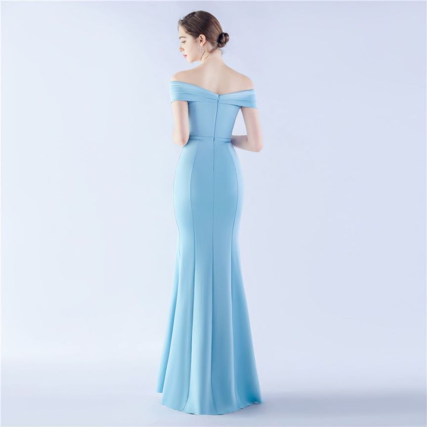 Off Shoulder Ruffles With Split Slit Evening Gown (Baby Blue) (Made To Order)