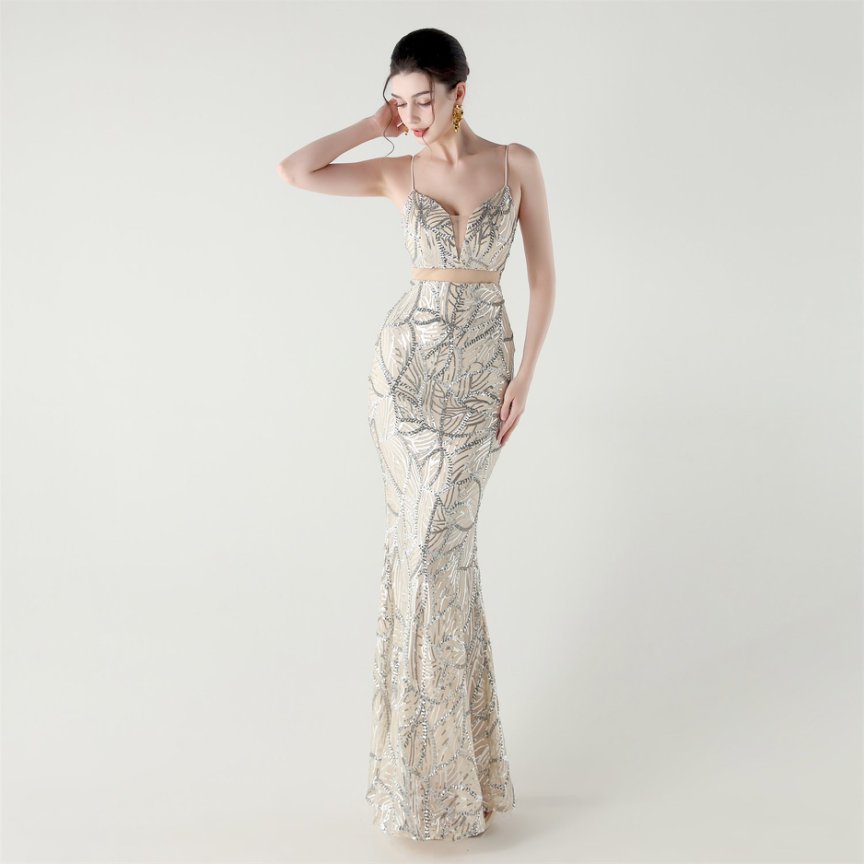 Elegant Sequin Pattern Mermaid Evening Gown (Silver) (Made To Order)