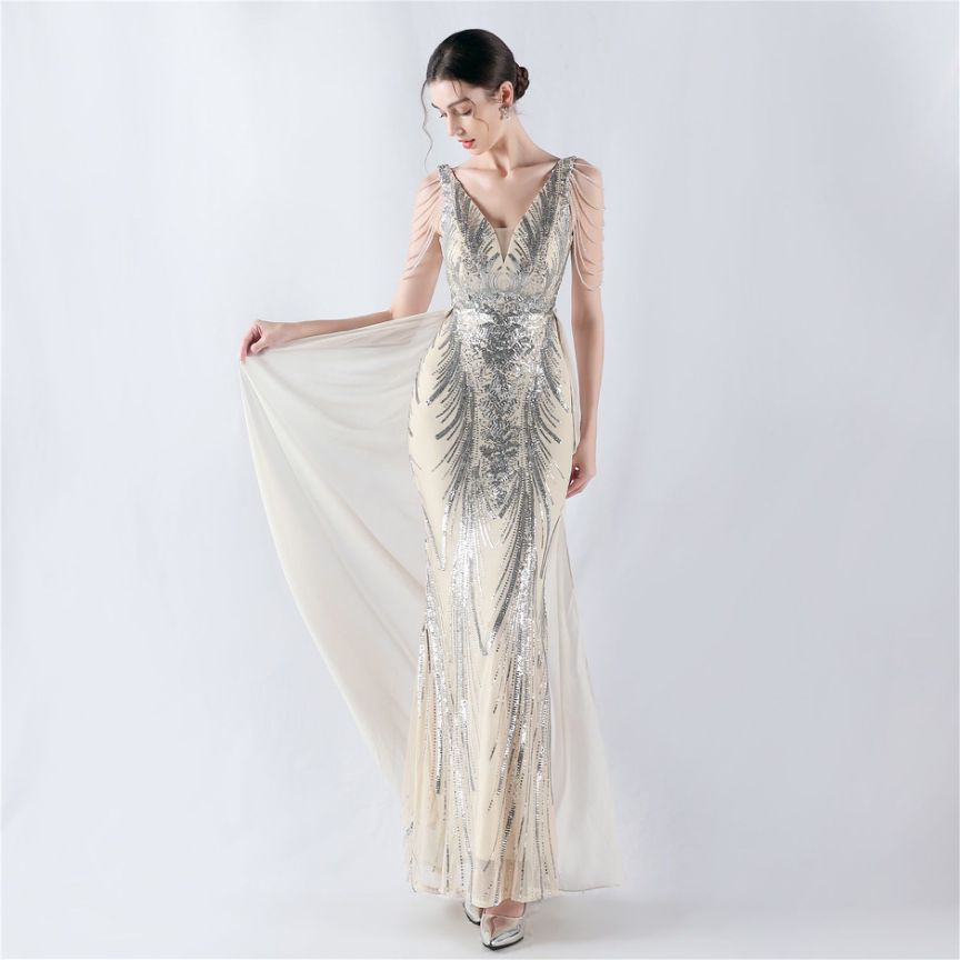 Elegant Crystal Beads Sequins Mermaid Cape Skirt Gown (Silver) (Made To Order)