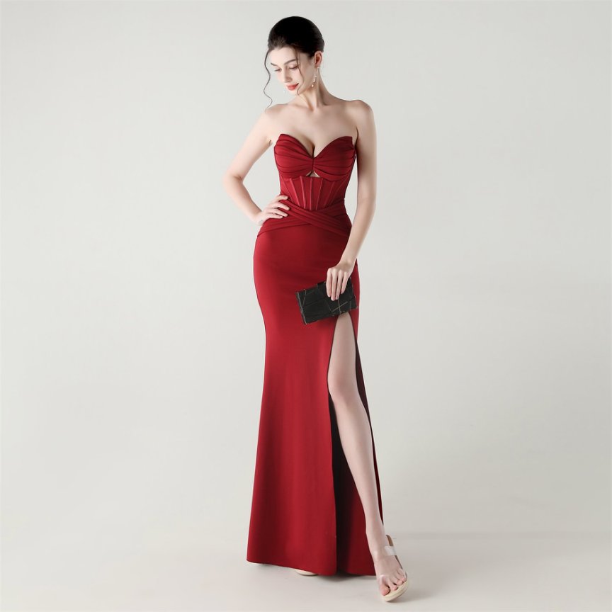 Strapless Pleated Corset Evening Gown (Maroon) (Made To Order)