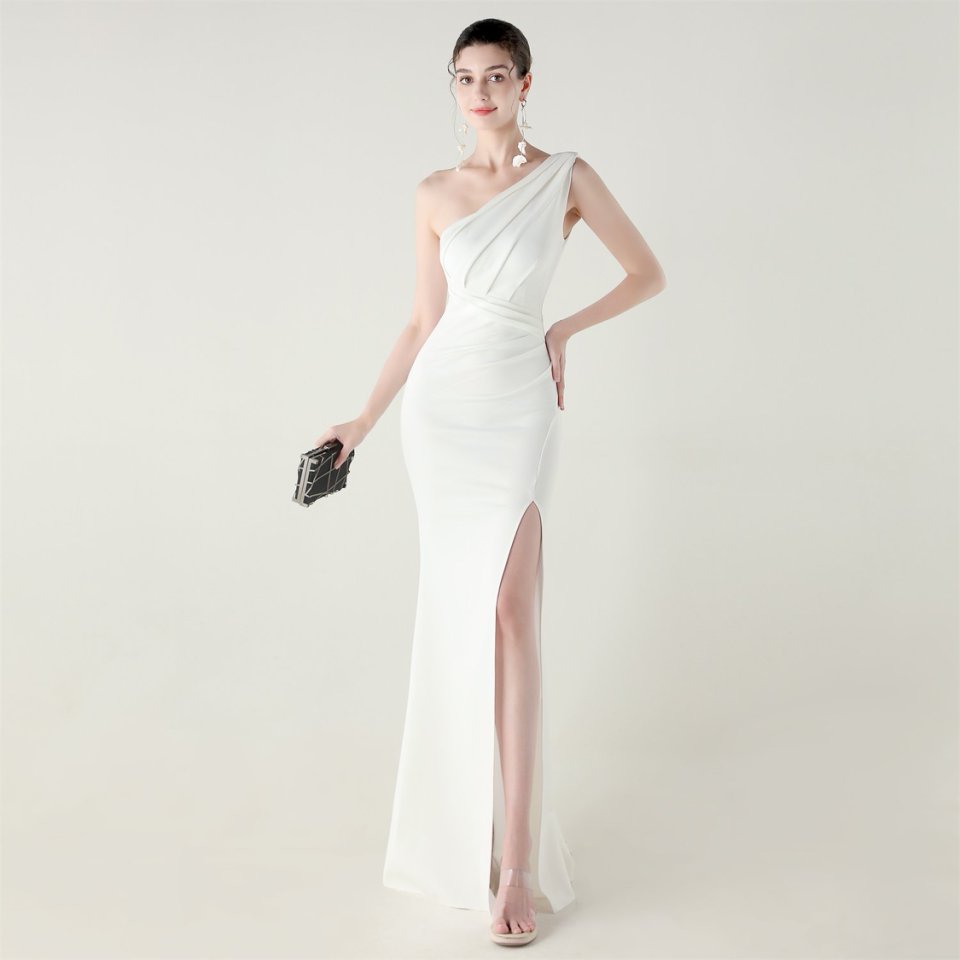 One Side Shoulder Pleated Evening Gown (White) (Made To Order)