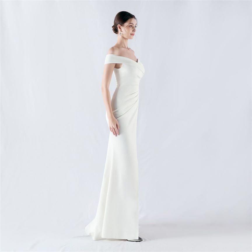 Pleated Off Shoulder Slim Evening Dress (White) (Made To Order)