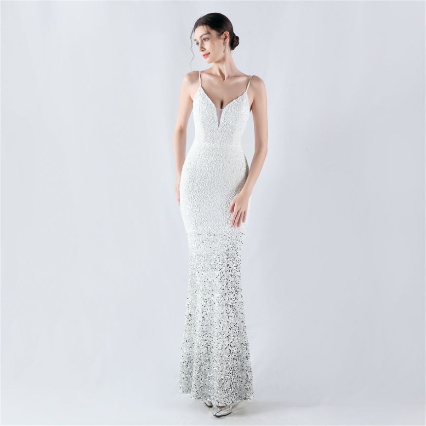 Spaghetti Two Tone Sequins Mermaid Evening Gown (White) (Made To Order)