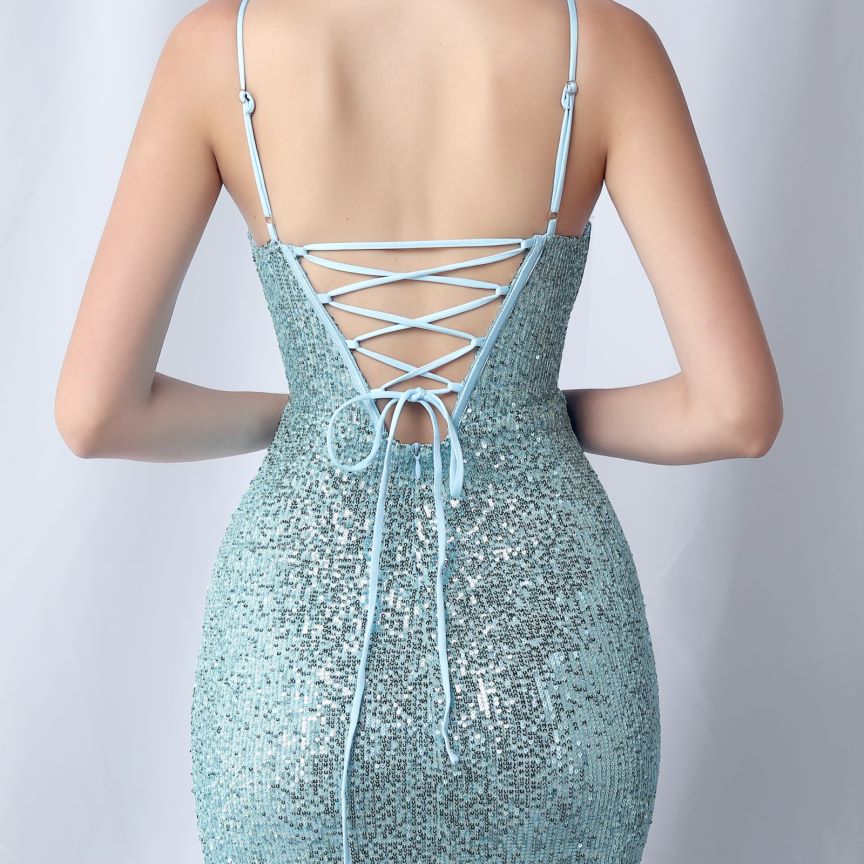 Glamorous Spaghetti Sequins Evening Gown (Baby Blue) (Made To Order)