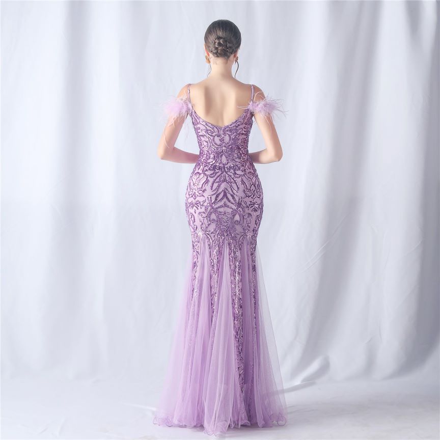 Cold Shoulder Feather Sequins Evening Gown (Purple) (Made To Order)