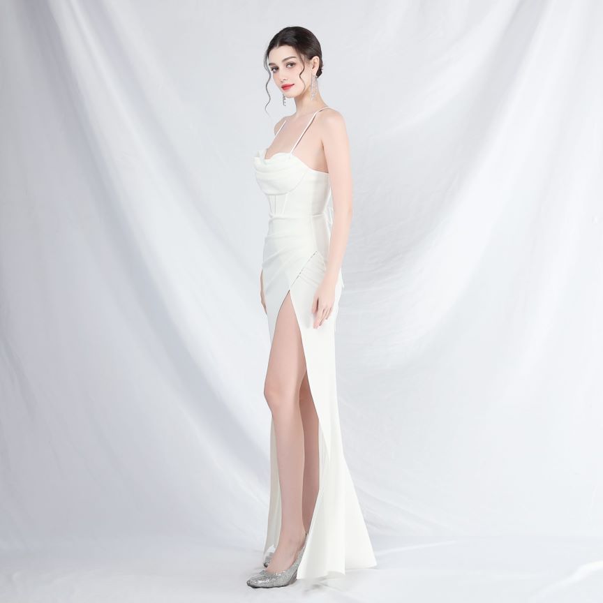 Spaghetti Back Cross Overlap Slit Evening Gown (Made To Order) (White)