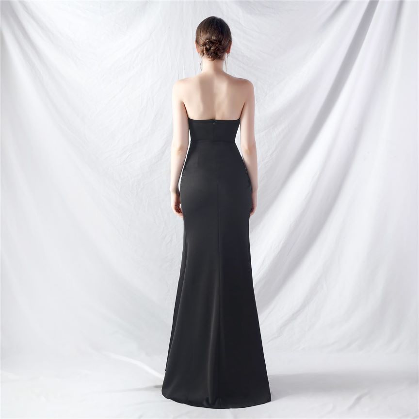 Strapless Crystal Beads Corset Overlap Slit Evening Gown (Black) (Retail)