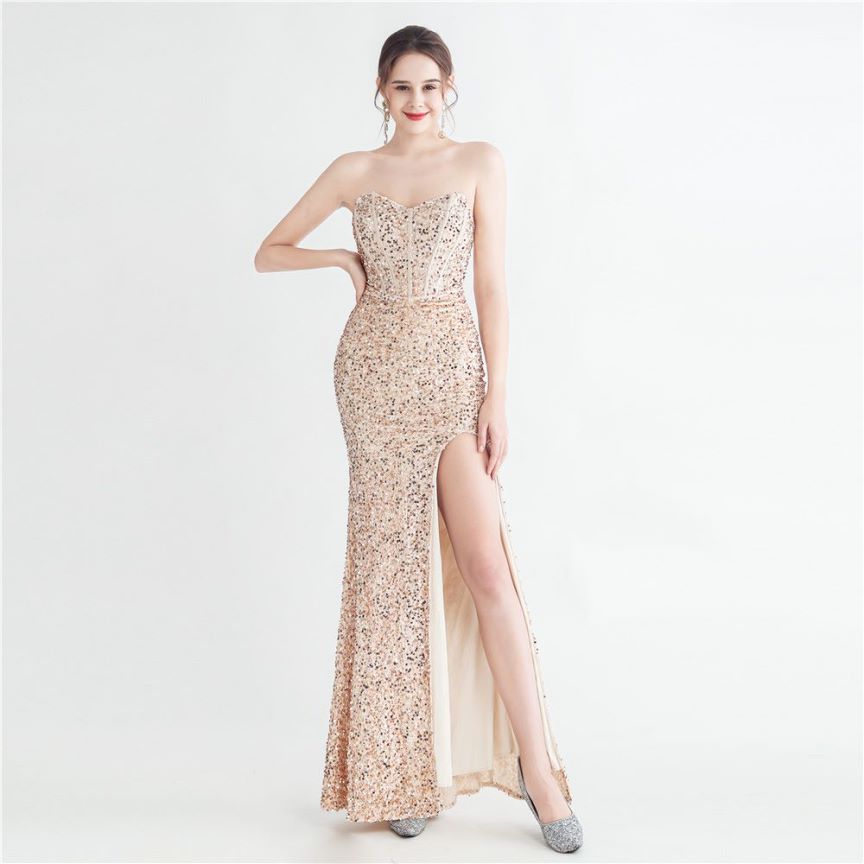 Strapless Corset Sequins with High Slit (Gold) (Made To Order)