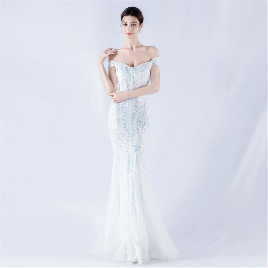Off Shoulder Sequins Tulle Evening Gown (White) (Made To Order)