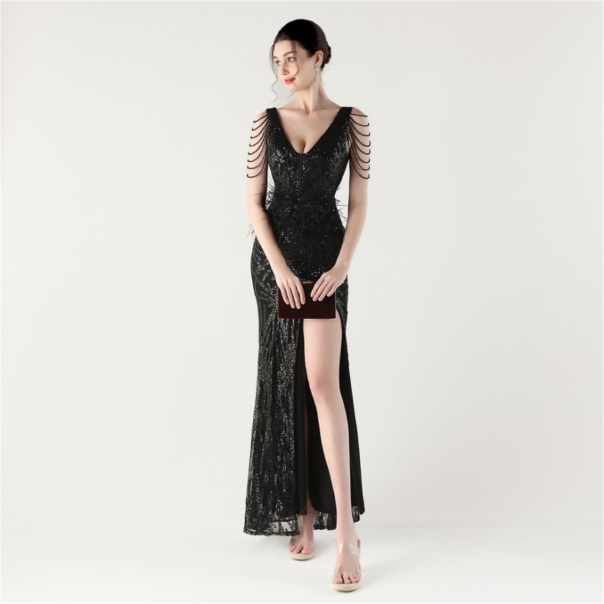 Image 11: Glamour Sequin Feather Waist & Beaded Shoulder Chains Evening Gown (Black) (Made To Order)