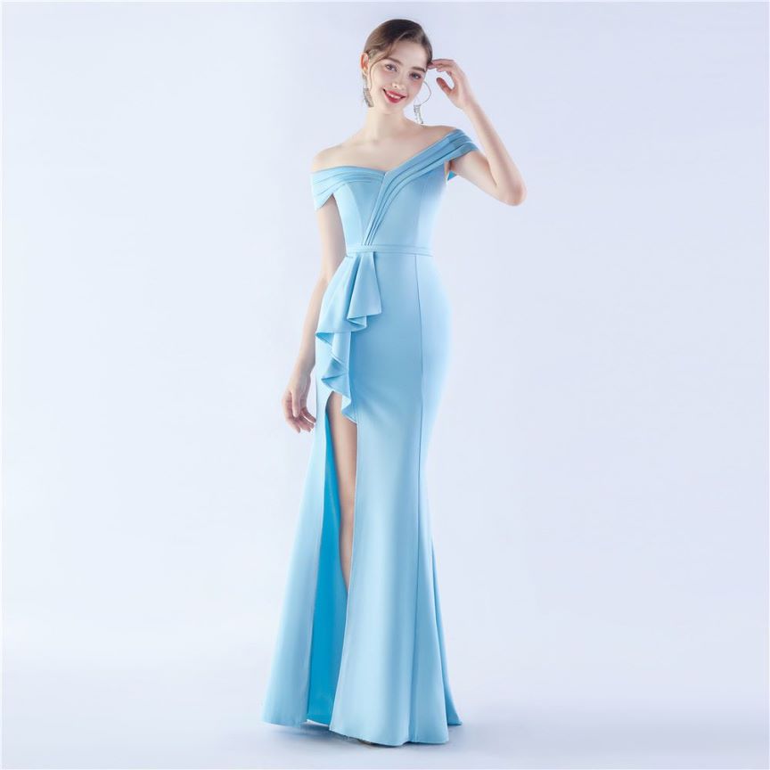 Off Shoulder Ruffles With Split Slit Evening Gown (Baby Blue) (Made To Order)