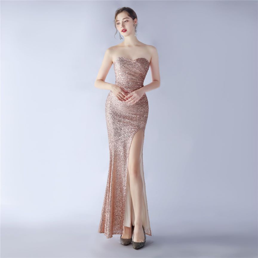Strapless Sequins Bodyfit with Slit Evening Gown (Rosegold) (Made To Order)