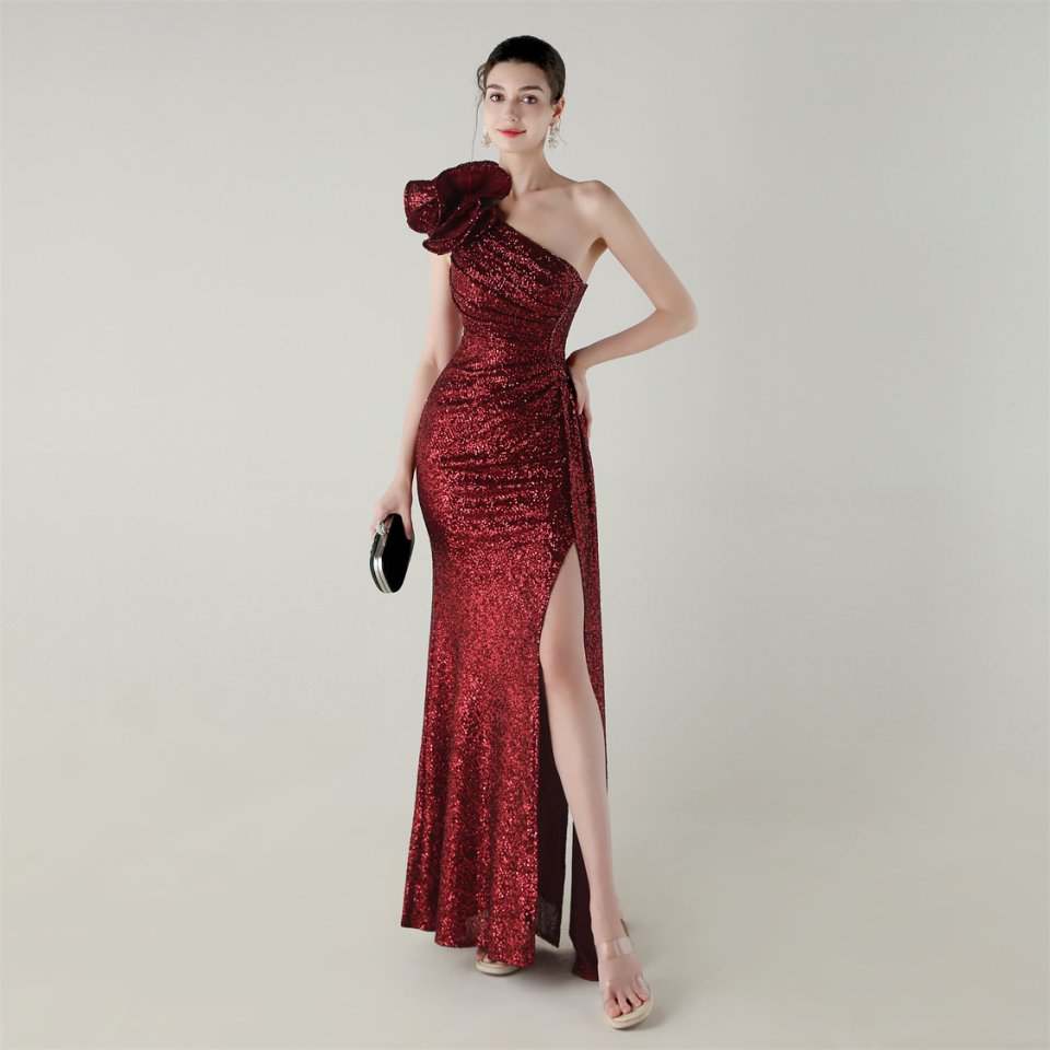 Gorgeous One Side Shoulder Pleated Sequins Evening Gown (Red) (Made To Order)