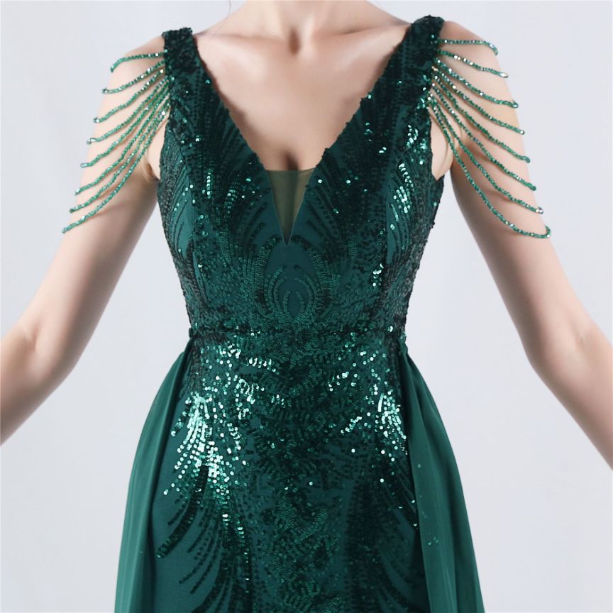 Elegant Crystal Beads Sequins Mermaid Cape Skirt Gown (Green) (Made To Order)