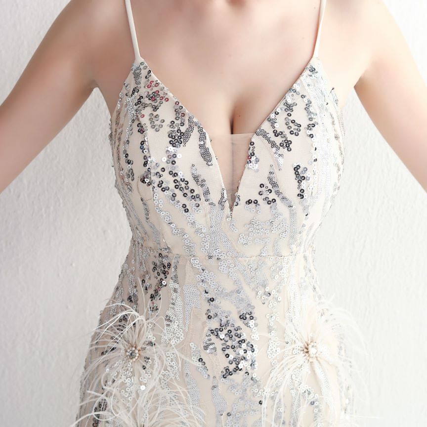 Spaghetti With Flower Feather Slit Sequins Gown (Silver) (Made To Order)