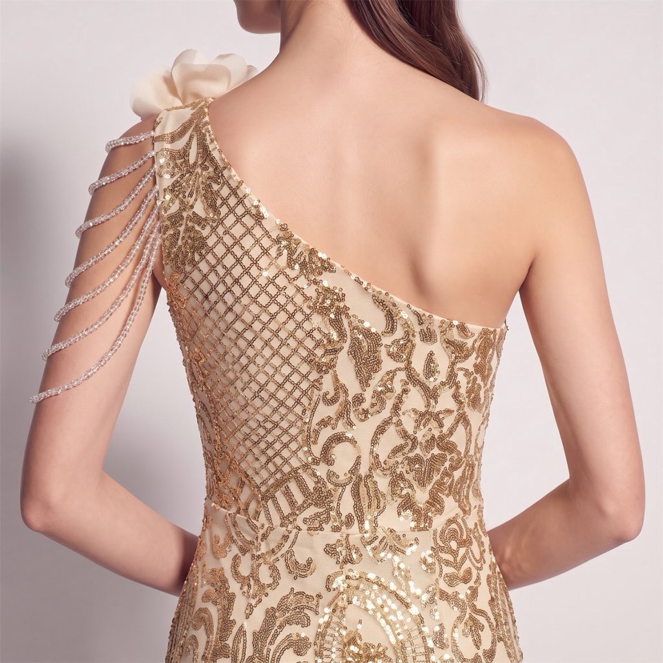One Side Shoulder Flowering with Crystal Beads Evening Gown (Gold) (Made To Order)