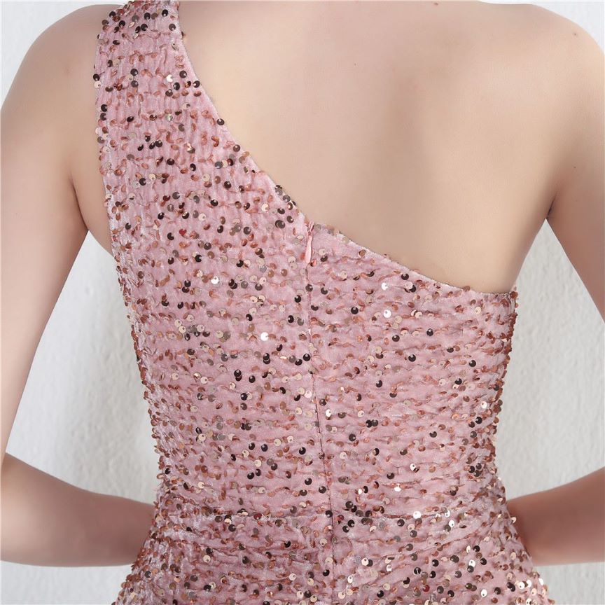 One Side Shoulder Sequins with Overlap Slit Evening Gowns (Pink) (Made To Order)