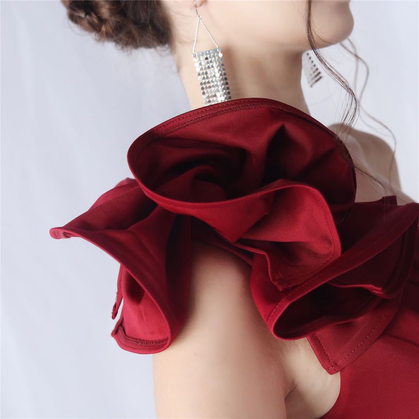 Glamorous One Side Shoulder with Overlap Slit Evening Dress (Maroon) (Made To Order)