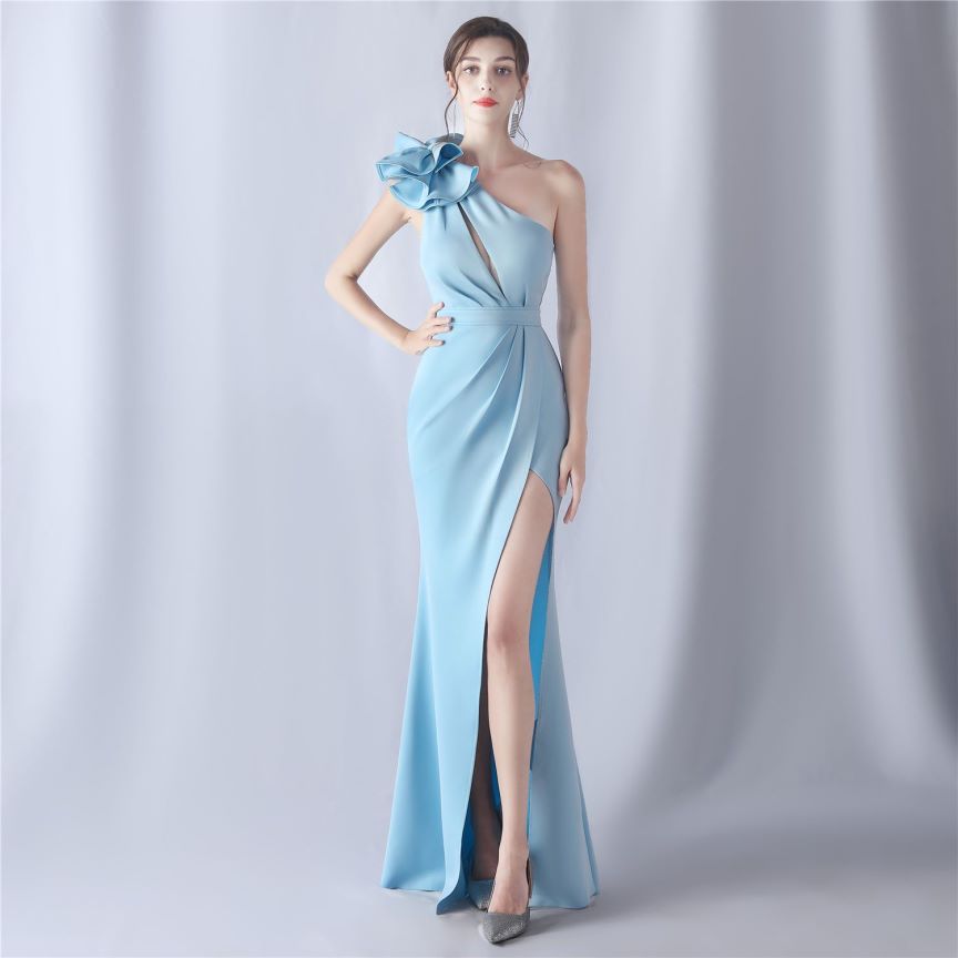 Glamorous One Side Shoulder with Overlap Slit Evening Dress (Baby Blue) (Made To Order)