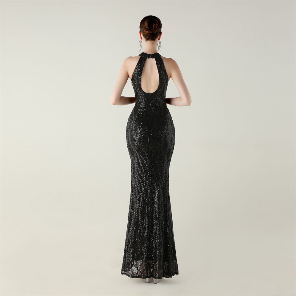 Halter Neck Sequins Backless Fitted Evening Gown (Black) (Made To Order)
