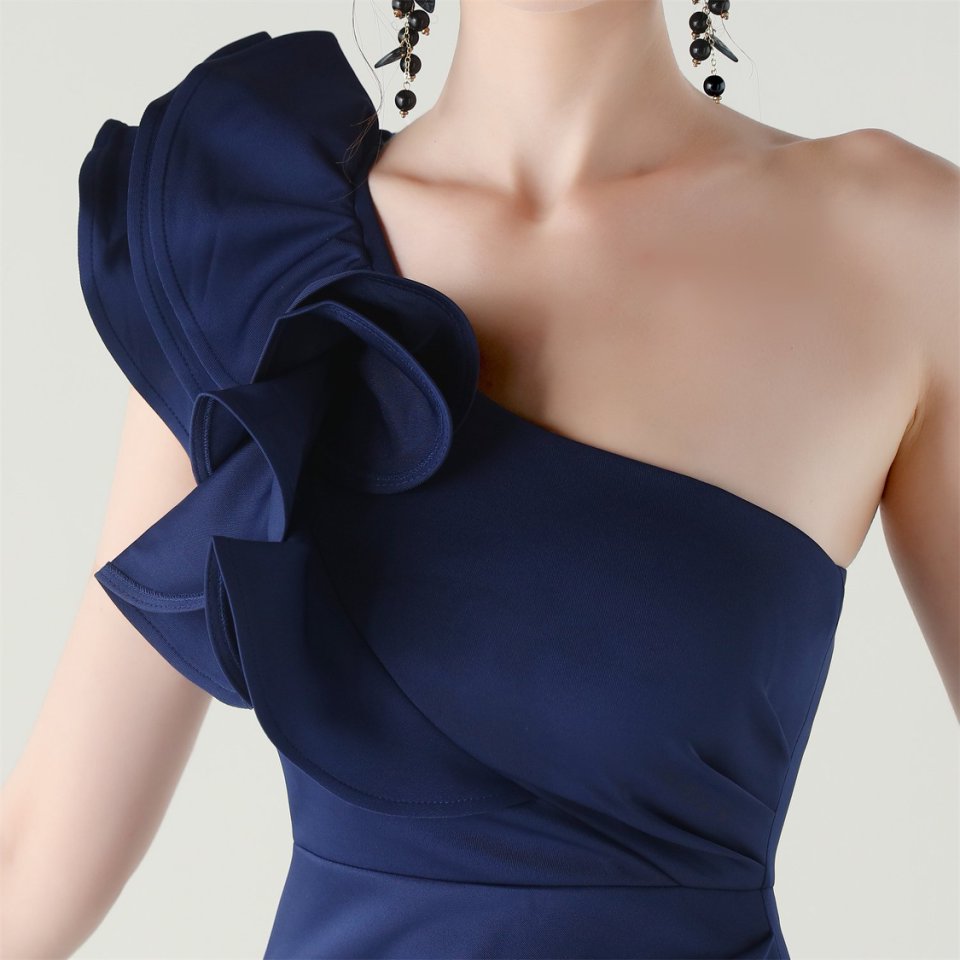 Gorgeous One Side Shoulder Fitting Evening Gown (Navy Blue) (Made To Order)