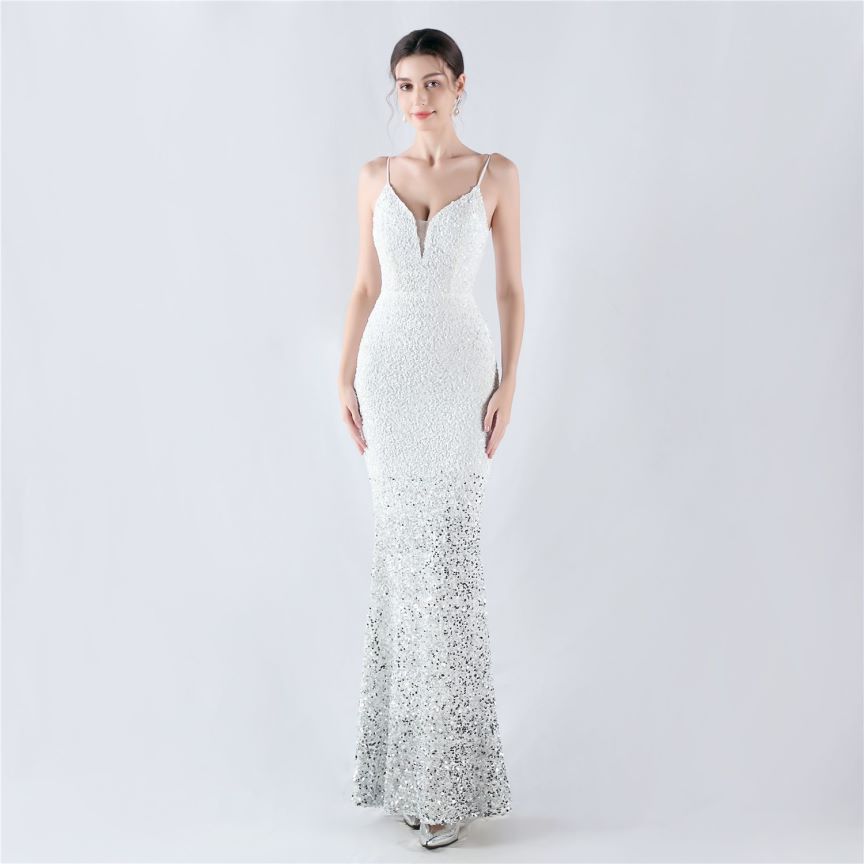 Spaghetti Two Tone Sequins Mermaid Evening Gown (White) (Made To Order)
