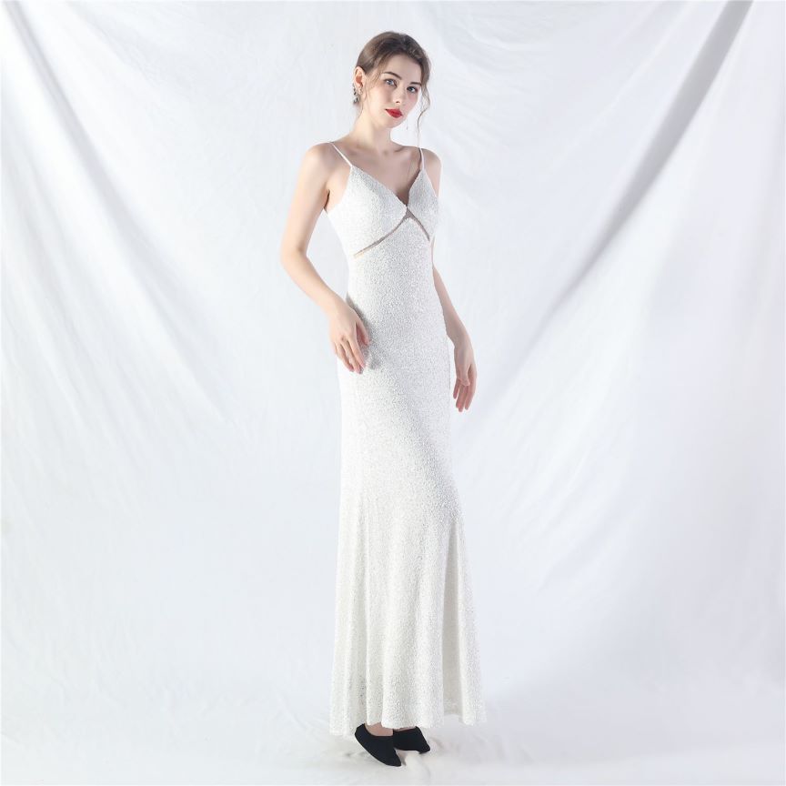 Elegant Stretch Spaghetti Sequins A-Line Evening Gown (White) (Made To Order)