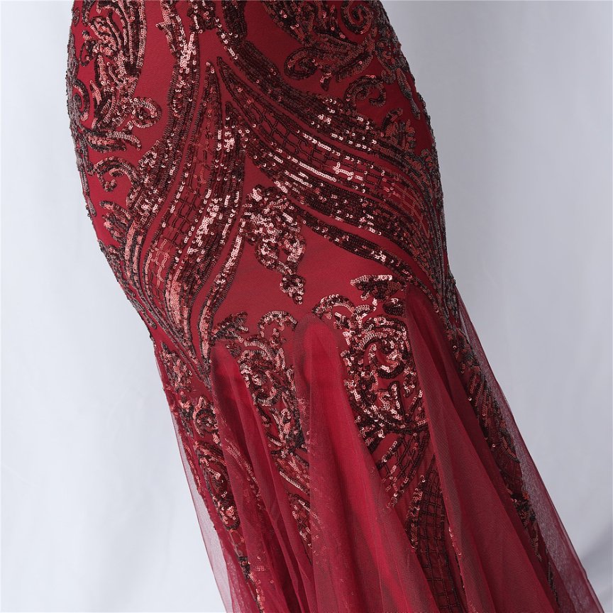 Strapless Sequins Frills Evening Gown (Maroon) (Made To Order)