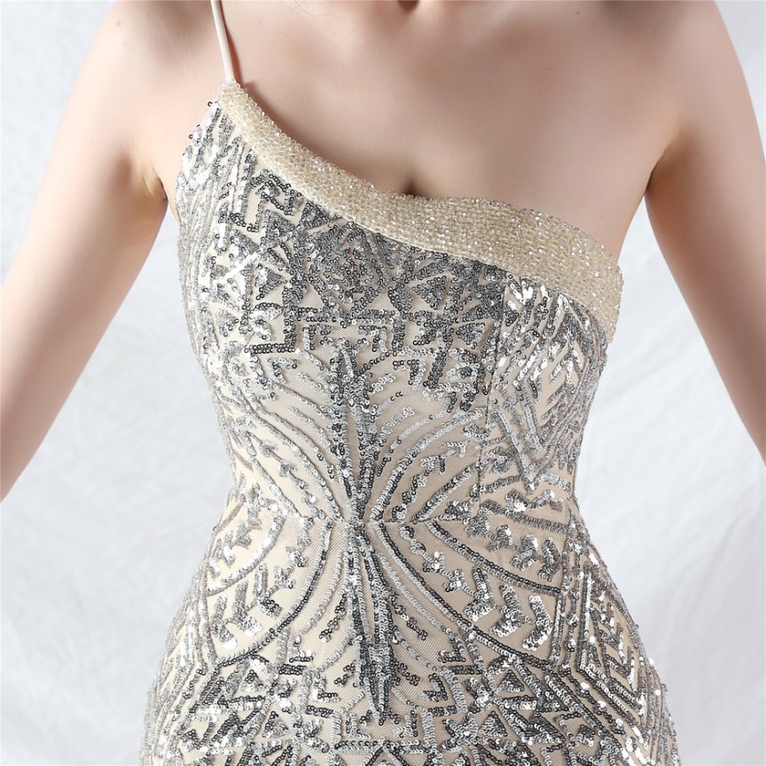 Elegant One-Shoulder Black Sequin Evening Gown with Tulle Skirt (Silver) (Made To Order)