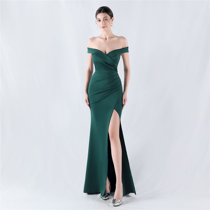 Pleated Off Shoulder Slim Evening Dress (Green) (Made To Order)