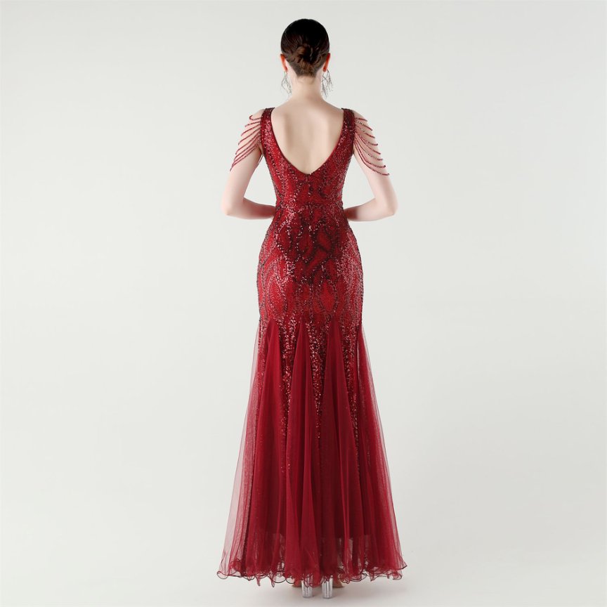Fashion Crystal Beads with Splits Tail Evening Gown (Red) (Made To Order)