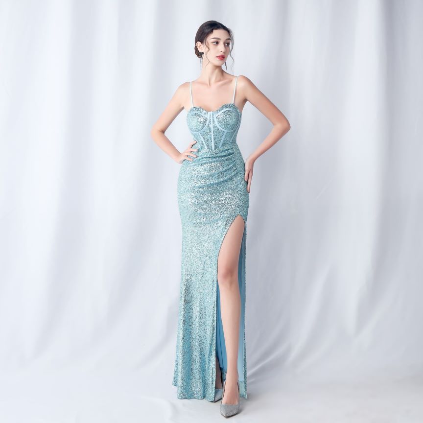 Glamorous Spaghetti Sequins Evening Gown (Baby Blue) (Made To Order)
