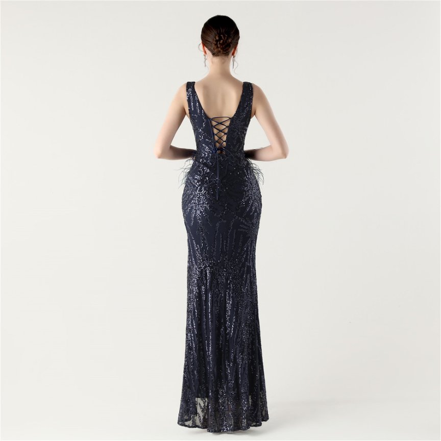 Glamour Sequin Feather Waist Evening Gown (Navy Blue) (Made To Order)