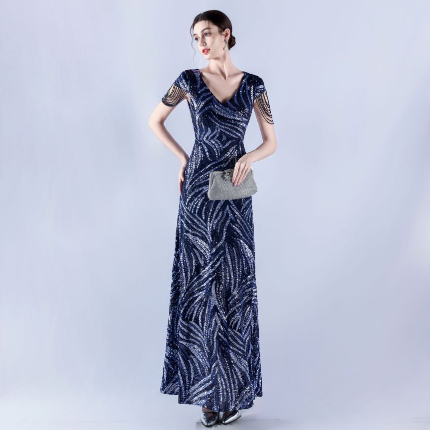 Sleeve Beads Sequins with A Line Evening Gown (Navy Blue) (Made To Order)