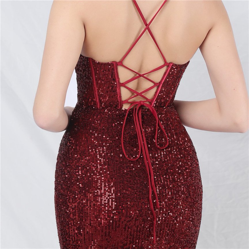 Sequins Back Cross with Overlap Slit Evening Gown (Maroon) (Made To Order)