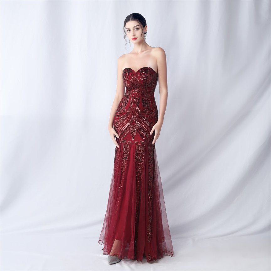 Strapless Sequins Frills Evening Gown (Maroon) (Made To Order)