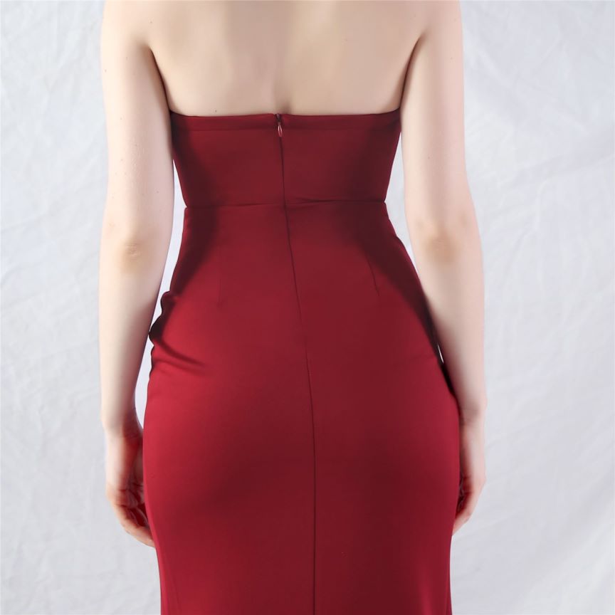 Strapless Crystal Beads Corset Overlap Slit Evening Gown (Burgundy) (Made To Order)