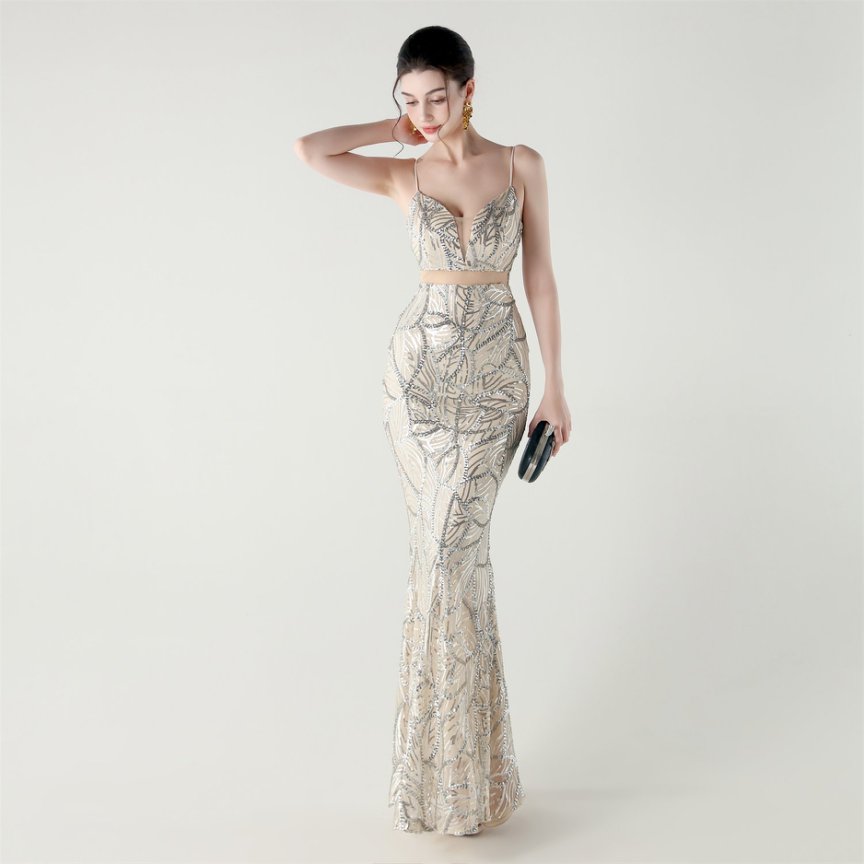 Elegant Sequin Pattern Mermaid Evening Gown (Silver) (Made To Order)