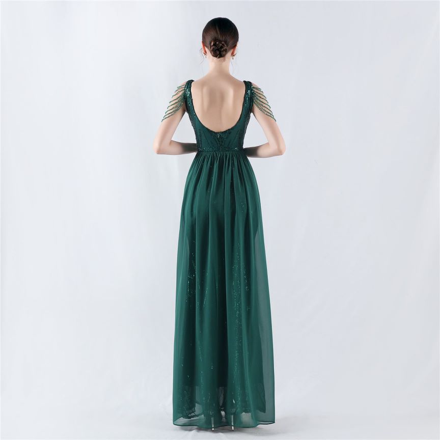 Elegant Crystal Beads Sequins Mermaid Cape Skirt Gown (Green) (Made To Order)