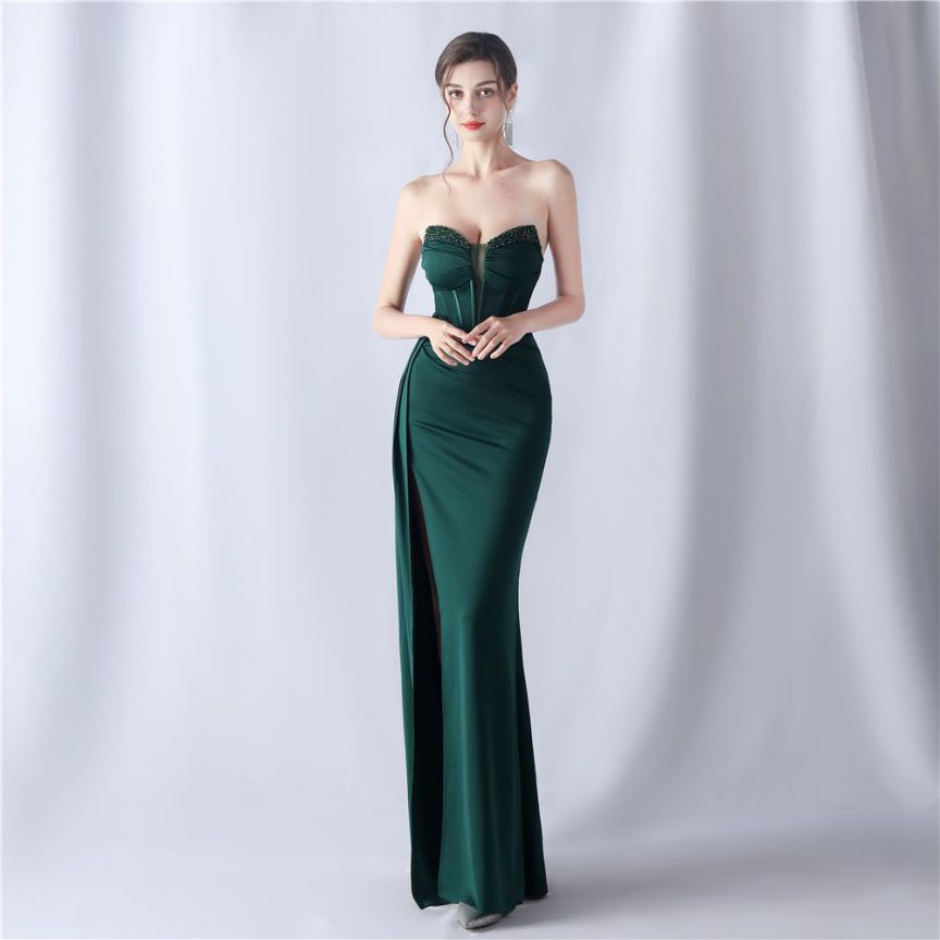 [Copy]Strapless Sexy Corset With Side Split Evening Gown (Green) (Made To Order)